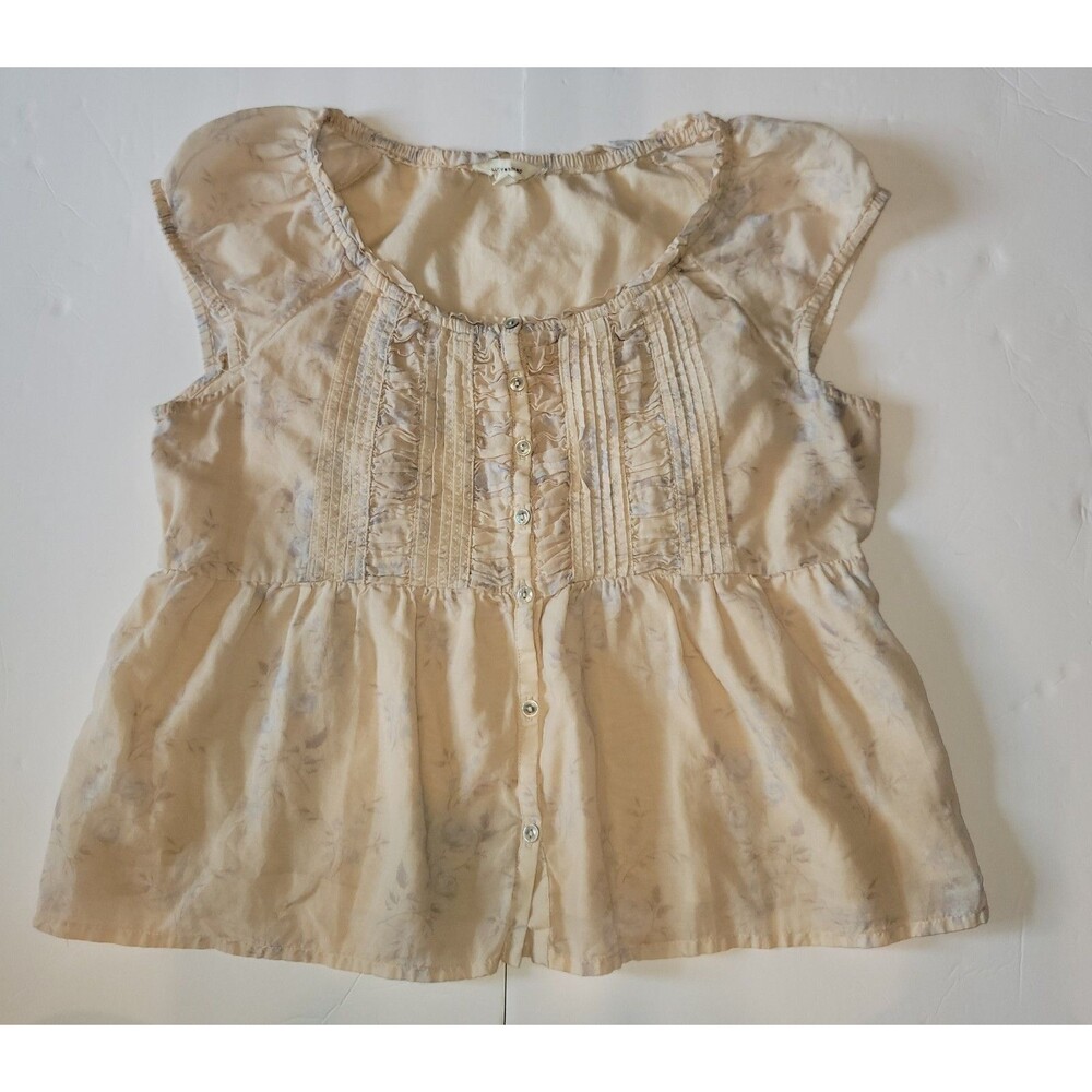 Cottagecore boho Women’s L Beige Floral Ruffle Pintuck Button Front Peplum Top